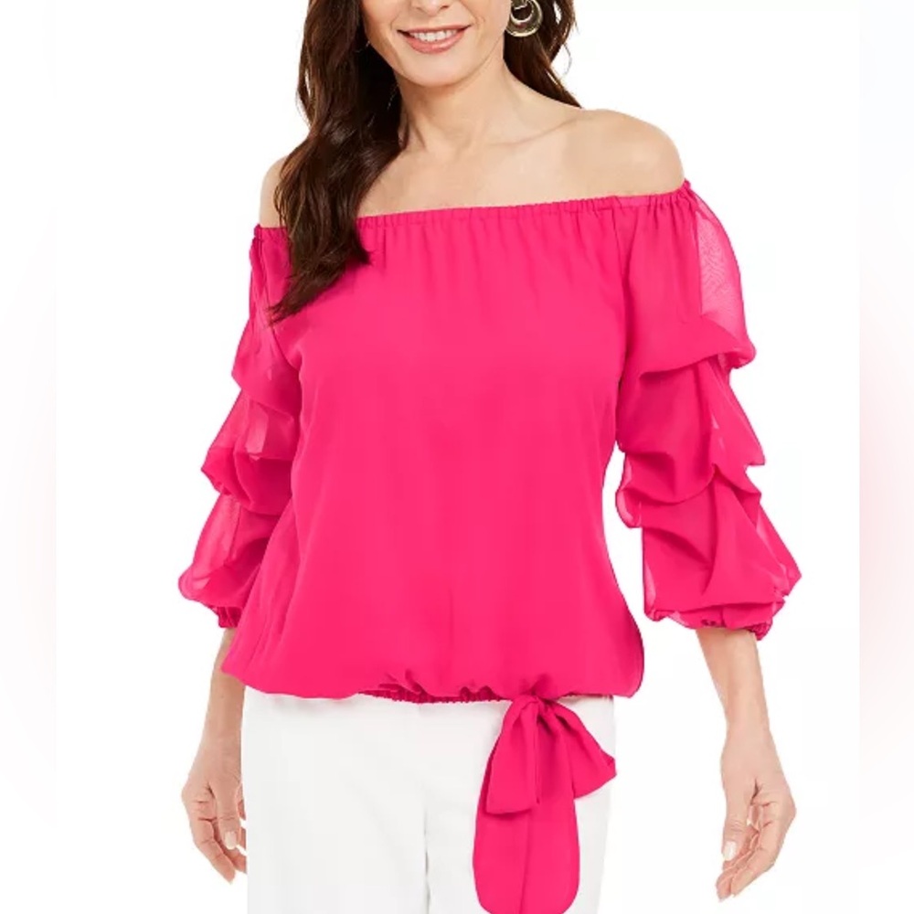 MSK Woman's off the shoulder Puff Sleeve Top with Bow‎ Pink Size large
